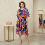 Garden Glow™ Bedrucktes Midikleid mit Überlage – Tropische Aquarellfarben (Blau + Rosa + Gelb)