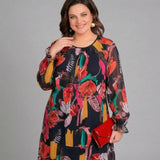 Gardenie™-Kleid mit fließenden Ärmeln und lebendigem Print – Tropische Nacht (Rot + Schwarz + Gelb)