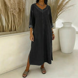 Santorini™ Kleid mit Seitenschlitzen und rustikalem Touch – Schwarz