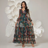Orphélia™-Kleid mit Luxuriösem Kunstdruck und Fließenden Lagen – Petrol Floral