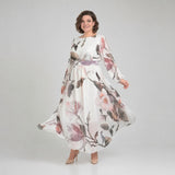 Manuela™ Kleid mit definierter Taille und U Boot Ausschnitt – Weiß mit Braunem Blumenmuster