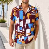 Graffiti™ Hemd mit künstlerischem geometrischem Print und leichtem Fall – Bordeauxrot mit Blau + Weiß + Gelb