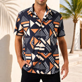 Graffiti™ Hemd mit künstlerischem geometrischem Print und leichtem Fall – Dunkelblau mit Orange und Weiß