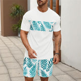 Bali™ Set Mit Exklusiven Prints und Modernem Stil – Weiß mit blauen Shorts mit Blättern