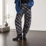 Alvida™ Hose mit Blumenmuster und weitem Fall – Karomuster mit Blau und Grau