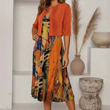 Rennes™ Set mit Künstlerischem Print und Offener Kurzer Strickjacke – Orange
