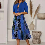 Rennes™ Set mit Künstlerischem Print und Offener Kurzer Strickjacke – Blau