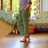 Ella™ Cropped-Hose aus Baumwoll-Leinen mit Eleganten Seitlichen Knöpfen – Grün