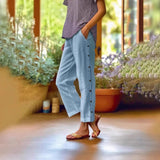 Ella™ Cropped-Hose aus Baumwoll-Leinen mit Eleganten Seitlichen Knöpfen – Blau