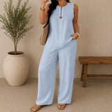Lucienne™ Set mit Bluse mit Frontausschnitt und Palazzo-Hose – Blau