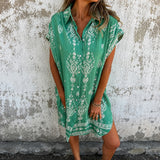 Zahara™ Hemdblusenkleid aus Baumwoll-Leinen mit Boho-Muster – Grün