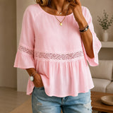 Alina™ Bluse aus Baumwoll-Leinen mit Zarter Spitze und Ausgestellten Ärmeln – Rosa