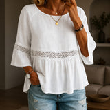 Alina™ Bluse aus Baumwoll-Leinen mit Zarter Spitze und Ausgestellten Ärmeln – Weiß