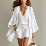 Alena™ Set aus Visco-Leinen mit Leichtem Kimono – Weiß