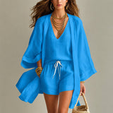Alena™ Set aus Visco-Leinen mit Leichtem Kimono – Blau