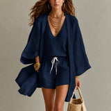 Alena™ Set aus Visco-Leinen mit Leichtem Kimono – Marineblau