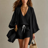 Alena™ Set aus Visco-Leinen mit Leichtem Kimono – Schwarz