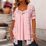 Nadia™ Bluse aus Leinenmischgewebe mit Lagenlook und Spitze – Rosa