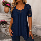 Nadia™ Bluse aus Leinenmischgewebe mit Lagenlook und Spitze – Marineblau