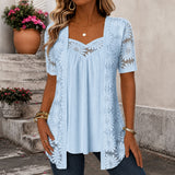 Nadia™ Bluse aus Leinenmischgewebe mit Lagenlook und Spitze – Hellblau