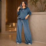 Brielle™ Premium-Veloursset mit Animal-Print-Kapuze und Palazzohose – Blau