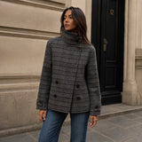 Jacke Nolene™ mit Asymmetrischer Knopfleiste, Hohem Stehkragen und Karomuster – Grau