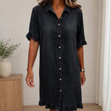 Hemdblusenkleid Marla™ aus Leichtem Denim mit Klassischem Kragen und Volantärmeln – Schwarz