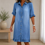 Hemdblusenkleid Marla™ aus Leichtem Denim mit Klassischem Kragen und Volantärmeln – Blau