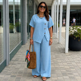 Savena™ Set aus Baumwollleinen mit asymmetrischer Bluse und fließender Palazzohose – Blau