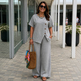 Savena™ Set aus Baumwollleinen mit asymmetrischer Bluse und fließender Palazzohose – Grau