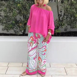 Azzura™ Set Mit Schulterfreiem Oberteil Und Bedruckter Palazzo-Hose – Pink