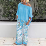 Azzura™ Set Mit Schulterfreiem Oberteil Und Bedruckter Palazzo-Hose – Hellblau
