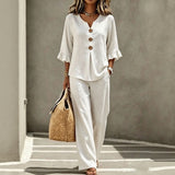Carmelle™ Set Mit Button-Up-Bluse, Rüschenärmeln Und Palazzo-Hose – Weiß