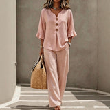 Carmelle™ Set Mit Button-Up-Bluse, Rüschenärmeln Und Palazzo-Hose – Pink