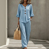 Carmelle™ Set Mit Button-Up-Bluse, Rüschenärmeln Und Palazzo-Hose – Hellblau