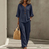 Carmelle™ Set Mit Button-Up-Bluse, Rüschenärmeln Und Palazzo-Hose – Dunkelblau