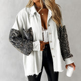 Hemdjacke Lene™ mit Paillettenärmeln, Paillettentasche und offenen Kanten – Weiß