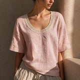 Bluse Alma™ mit Leinen-Baumwoll-Mix und Häkel-Ausschnitt – Rosa
