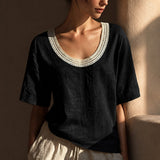 Bluse Alma™ mit Leinen-Baumwoll-Mix und Häkel-Ausschnitt – Schwarz