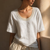 Bluse Alma™ mit Leinen-Baumwoll-Mix und Häkel-Ausschnitt – Weiß