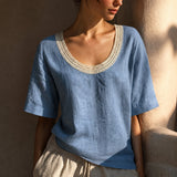 Bluse Alma™ mit Leinen-Baumwoll-Mix und Häkel-Ausschnitt – Blau