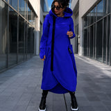 Langer Oversize-Mantel Malva™ mit Kapuze, Reißverschluss und Daumenlochbündchen – Blau