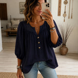 Bluse Anrika™ mit halblangen Puffärmeln und dekorativer Knopfleiste – Dunkelblau