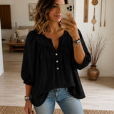 Bluse Anrika™ mit halblangen Puffärmeln und dekorativer Knopfleiste – Schwarz