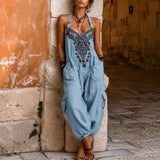 Overall Martha™ mit ornamentaler Stickerei, V-Ausschnitt und weitem Schnitt – Blau