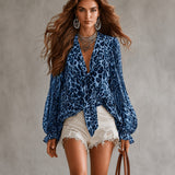 Felinne™ Bluse aus Chiffon mit Leopardenprint, V-Ausschnitt mit Bindeband und Rüschenärmeln – Leopard Blau