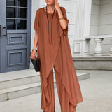Set Annelie™ mit Asymmetrischem Longtop und Hose mit Weitem Bein – Braun