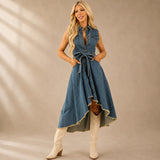 Kleid Talea™ aus Denim mit Bindegürtel, Knopfleiste und High-Low-Saum – Blau