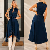 Kleid Talea™ aus Denim mit Bindegürtel, Knopfleiste und High-Low-Saum – Dunkelblau