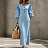Kleid Johanna™ aus Baumwollleinen mit V-Ausschnitt und Puffärmeln – Blau